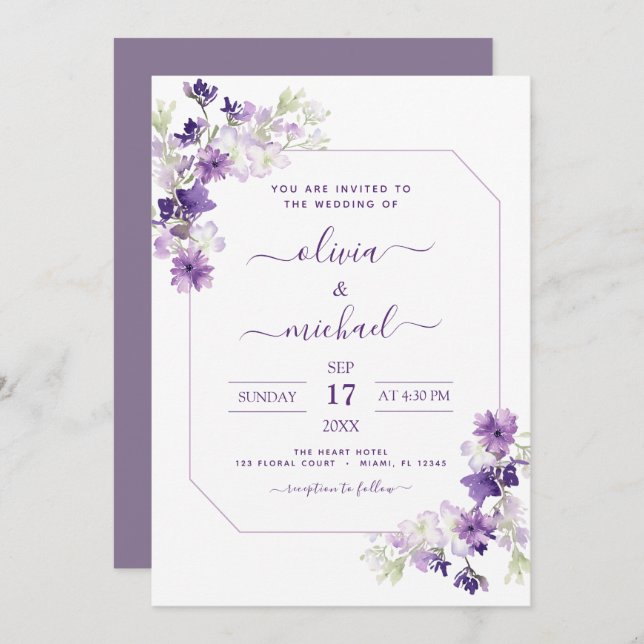 Convite Dusty Purple Wedding Floral Greenery (Frente/Verso)