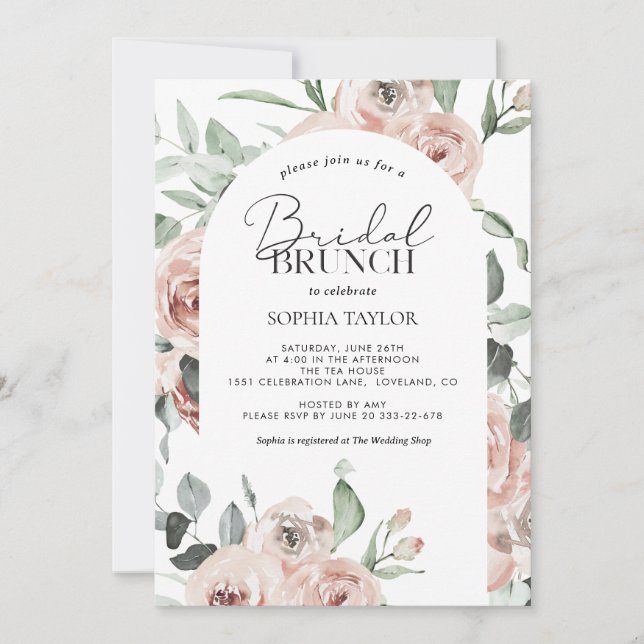 Convite Dusty Rosa Blush Eucalyptus Bridal Brunch Rosa Ros (Frente)