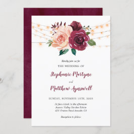 Convite Dusty Rosa Burgundy Floral String Luzes Casamento