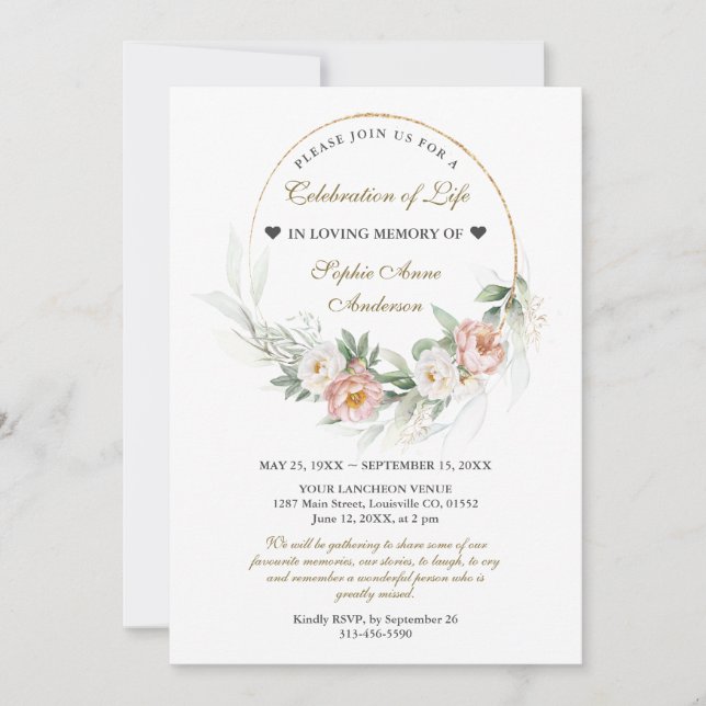 Convite Dusty Rosa: Celebração do Memorial Funeral da Vida (Frente)