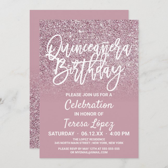 Convite Dusty Rosa cor-de-rosa Dourada Ombre Quinceañera (Frente/Verso)