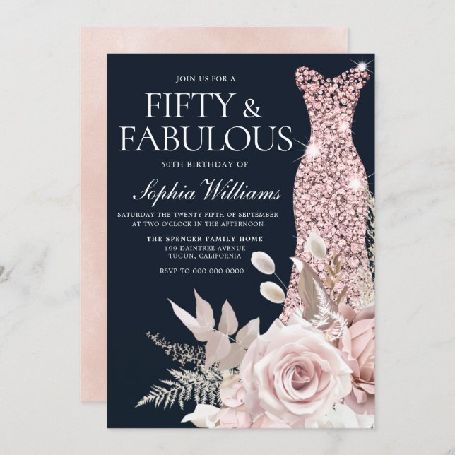 Convite Dusty Rosa Dourado Vestido Blush Floral 50º Aniver (Frente/Verso)
