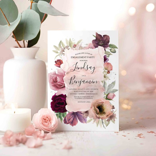 Convite Dusty Rosa e Burgundy Festa de noivado Floral (Boho Blooms Burgundy Red and Pink Floral Engagement Party Invitations)