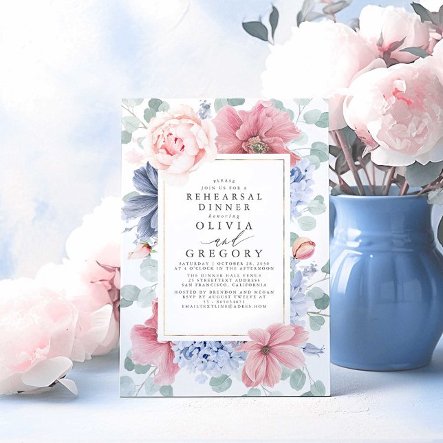 Convite Dusty Rosa e Janto de ensaio Floral Azul Dusty (Dusty Blue Floral Rehearsal Dinner Invitations)