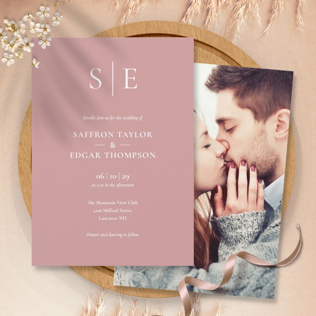 Convite Dusty Rosa Elegant Monograma Foto Casamento (Criador carregado)
