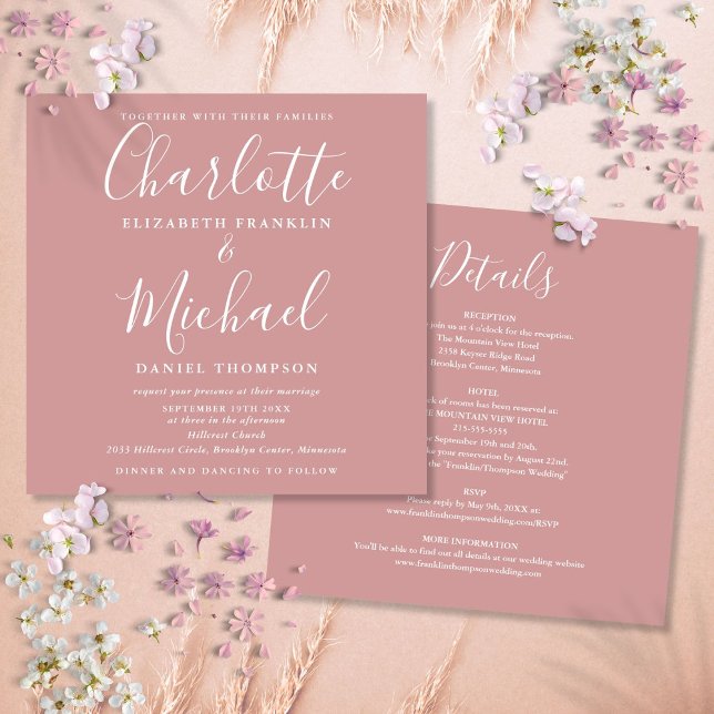 Convite Dusty Rosa Elegant Script Tudo Em Um Casamento (Dusty Rose Elegant Script All In One Wedding Invitation)
