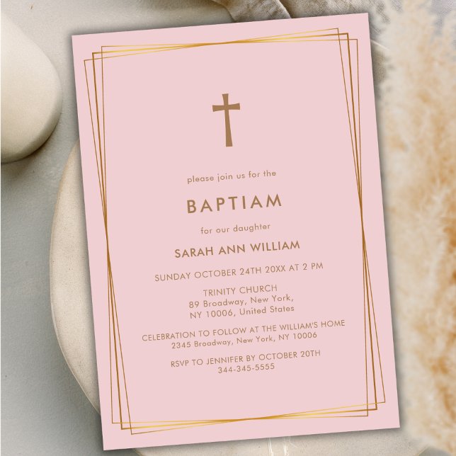 Convite Dusty Rosa Elegante Dourada Tipografia Cruzada Bap (Dusty Rose Elegant Gold Typography Cross Baptism Invitation)