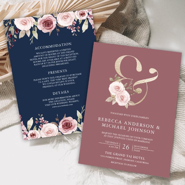 Convite Dusty Rosa Floral Ampersand Marinho Casamento Azul (Criador carregado)