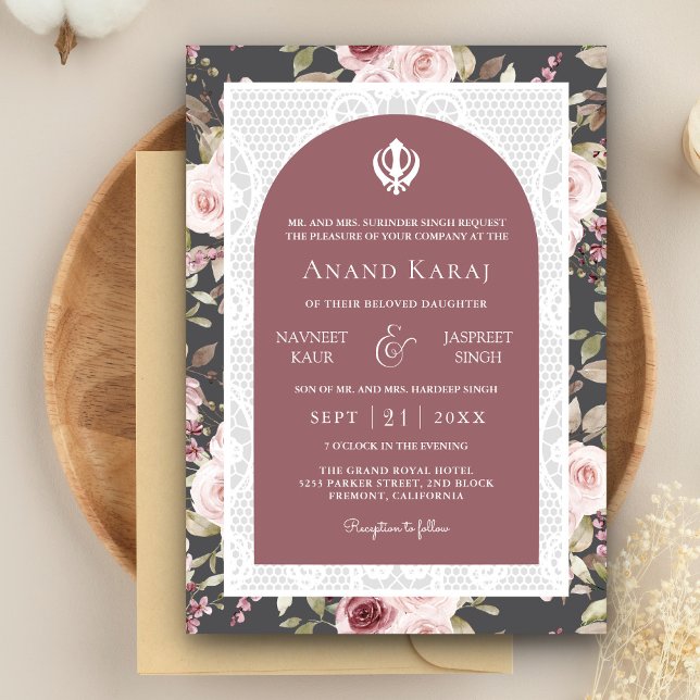 Convite Dusty Rosa Floral Anand Karaj Punjabi Sikh Casamen (Criador carregado)