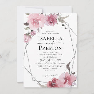 Convite Dusty Rosa Floral Blush Boho Silver Foil Casamento