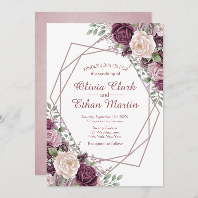 Convite Dusty Rosa Floral Geométrico em Branco (Frente/Verso)