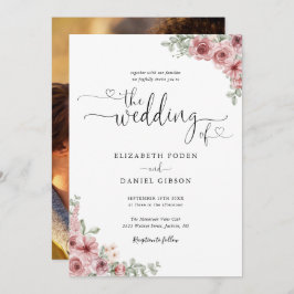 Convite Dusty Rosa Floral Hearts Script Foto Casamento