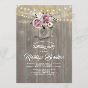 Convite Dusty Rosa Floral Mason Jar Rustic Aniversário