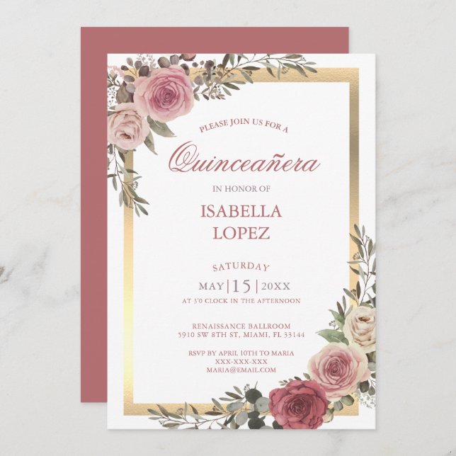 Convite Dusty Rosa Floral Rosa Dourada na Quinceañera (Frente/Verso)