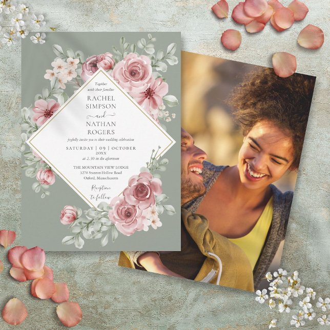 Convite Dusty Rosa Floral Sage Foto de Casamento Verde (Dusty Rose Floral Sage Green Wedding Photo Invitation)