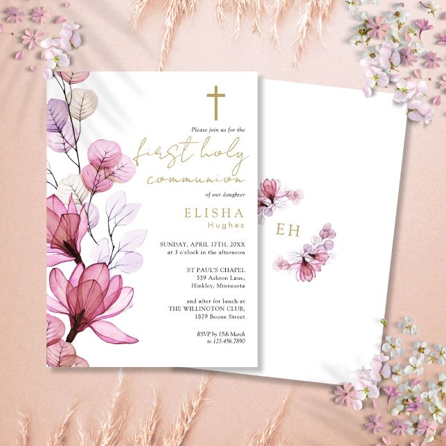 Convite Dusty Rosa Floral Transparente Primeira Comunhão S (Dusty Rose Transparent Floral First Holy Communion Invitation)