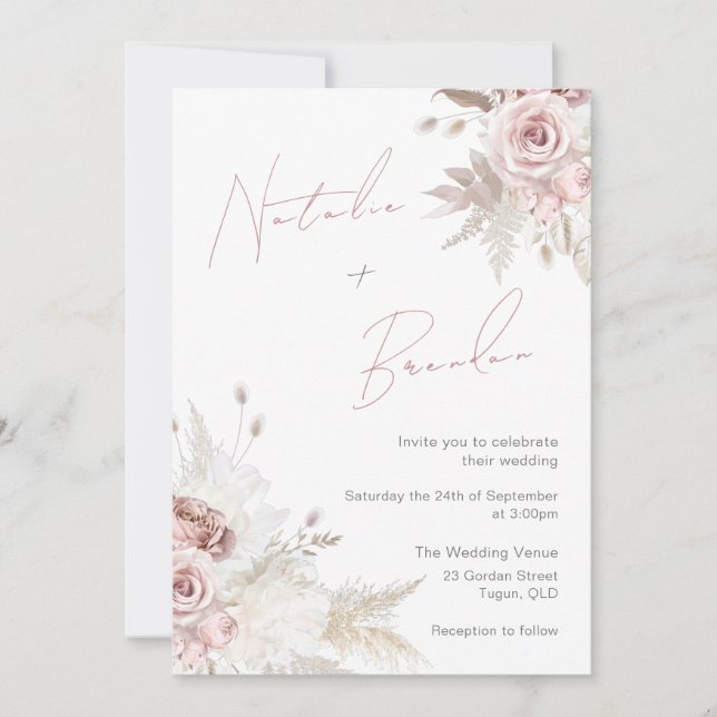 Convite Dusty Rosa & Ivory Modern Script Floral Casamento (Frente)