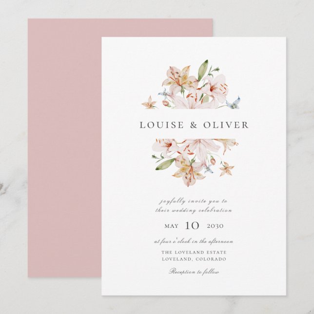 Convite Dusty Rosa Modern Watercolor Floral Casamento (Frente/Verso)