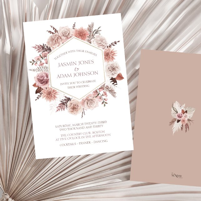 Convite Dusty Rosa Pampas Grass Boho Wedding (Boho Dusty Pink Dried Flowers Wreath Wedding Invitation)