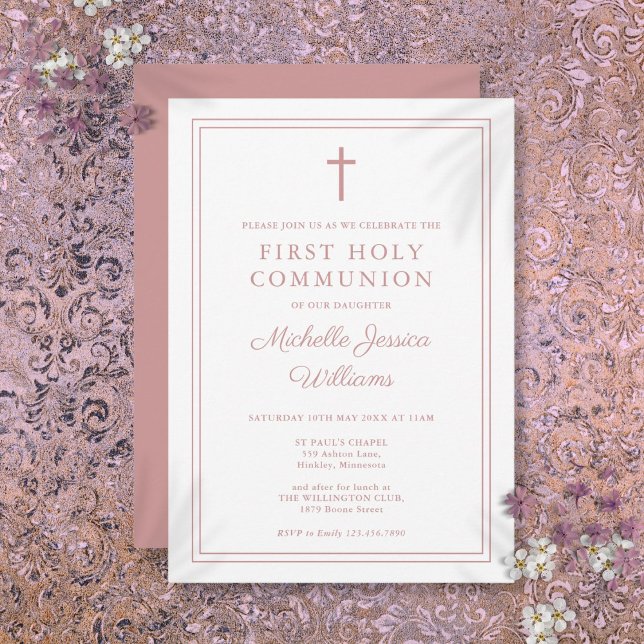Convite Dusty Rosa Pink Border First Santa Comunhão (Dusty Rose Pink Border First Holy Communion Invitation)