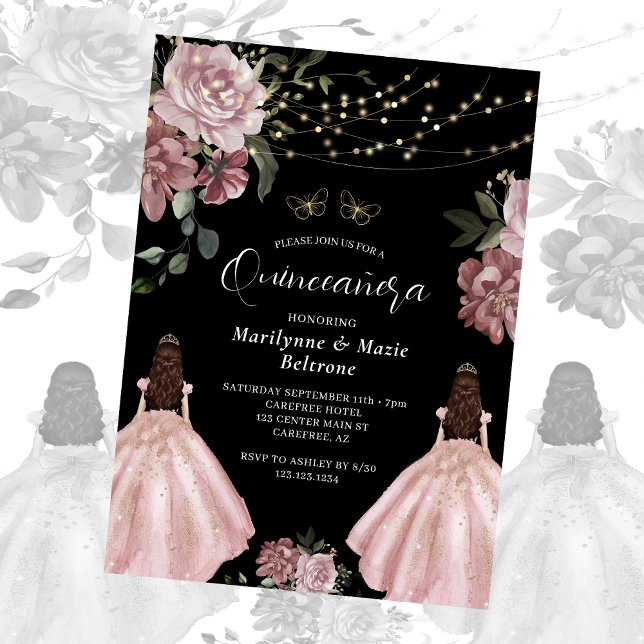 Convite Dusty Rosa Princesa Gêmeas Florais Quinceañera (Criador carregado)