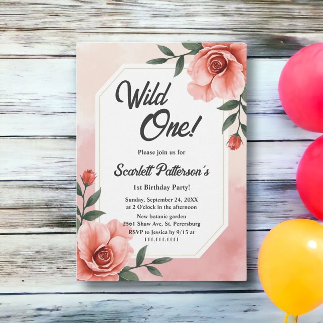Convite Dusty Rosa Romântico Floral Selvagem Um primeiro a (Criador carregado)