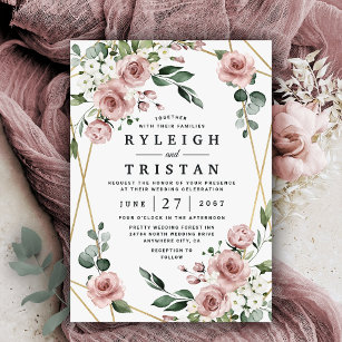 Convite Dusty Rosa Rosa e Dourado Casamento Verde Floral