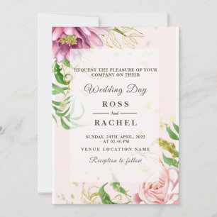 Convite Dusty Rosa Rosa e Dourado Casamento Verde Floral I
