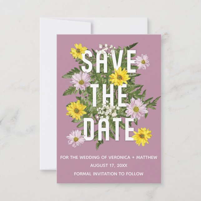 Convite Dusty Rosa rosa e margaridas amarelas salvem a dat (Frente)