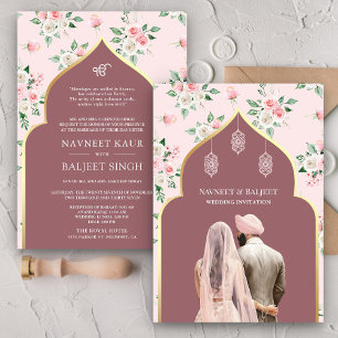 Convite Dusty Rosa Rosa Floral Anand Karaj Sikh Casamento