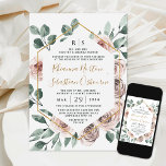 Convite Dusty Rosa rosa Mauve Greenery Floral Dourado Casa<br><div class="desc">Design apresenta uma imagem geométrica dourada impressa com rosas elegantes empoeirados/mutados de cor d'água em tons de rosa,  mauve,  roxo e muito mais. A parte de trás também apresenta elementos florais e verdes correspondentes para complementar a parte frontal. Esta opção permite os nomes da noiva e do noivo.</div>