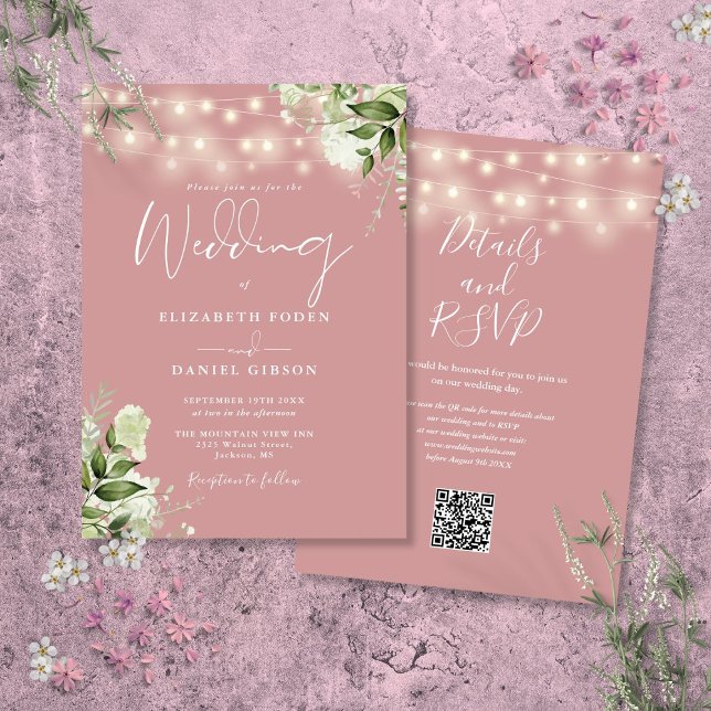 Convite Dusty Rosa String Lights Floral Código QR Casament (Dusty Rose String Lights Floral QR Code Wedding Invitation)