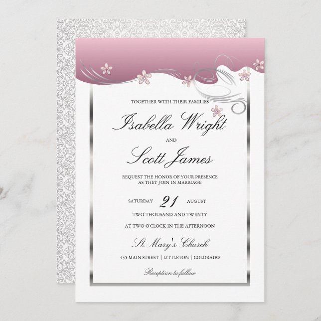 Convite Dusty Rosa Swirl Floral Wedding Design (Frente/Verso)