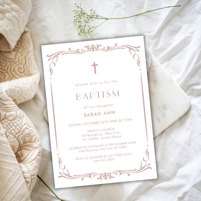 Convite Dusty Rosa Vintage Baptism Christening Cross (Dusty Rose Vintage Baptism Christening Cross Invitation)