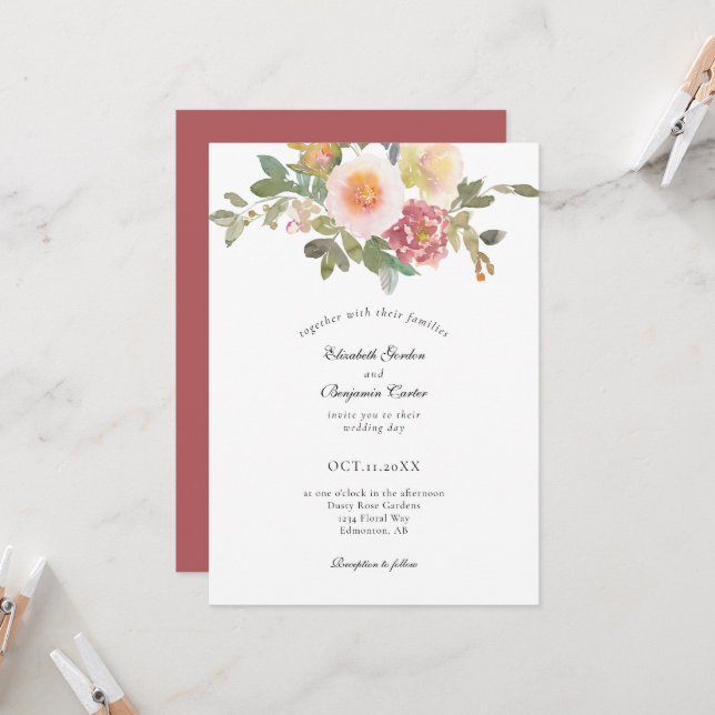 Convite Dusty Rosa Wedding Elegante Floral Modern Script I (Frente/Verso In Situ)