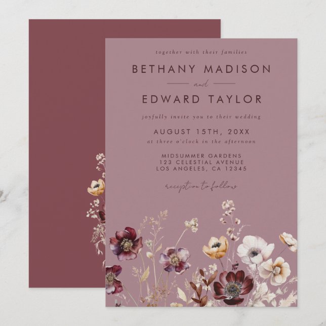 Convite Dusty Rosa Wildflower Wedding (Frente/Verso)
