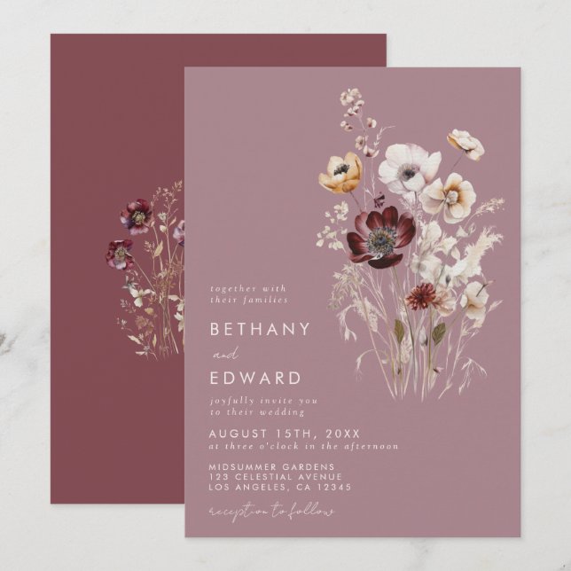 Convite Dusty Rosa Wildflower Wedding (Frente/Verso)