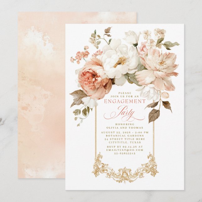Convite Dusty Rose Beige Earthy Botanical Engagement Party (Frente/Verso)