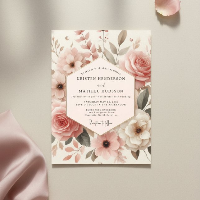Convite Dusty Rose Bloom Romance Wedding (Criador carregado)