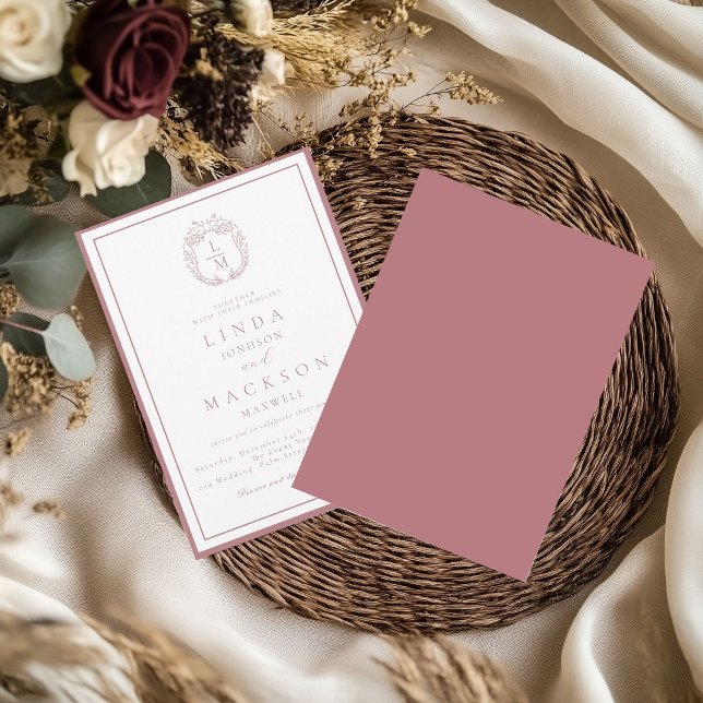 Convite Dusty Rose botanical crest monogram wedding (Criador carregado)