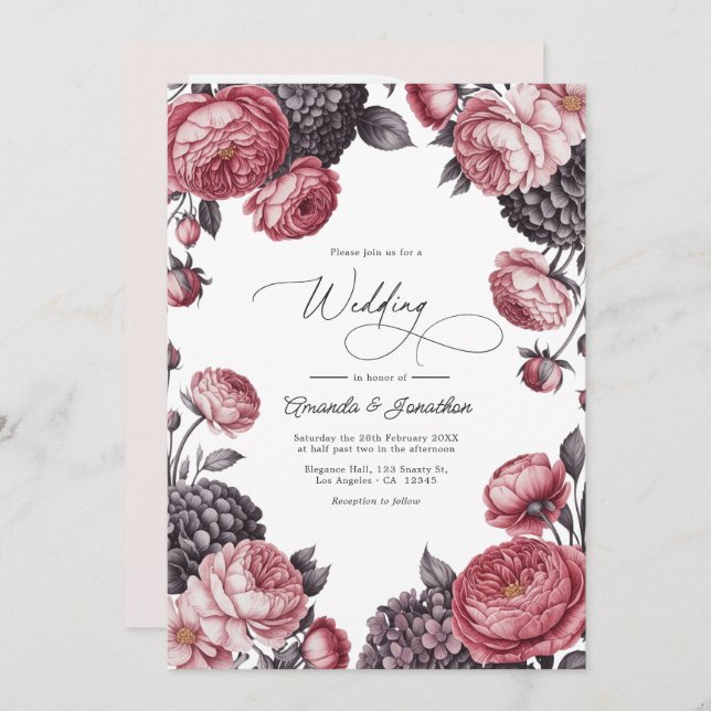 Convite Dusty Rose & Charcoal Gray Floral Wedding Photo (Frente/Verso)