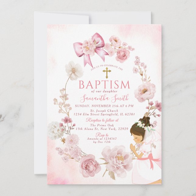Convite Dusty Rose Dreamy Floral Frame Cross Baptism (Frente)