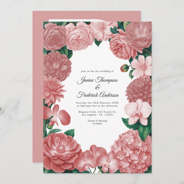 Convite Dusty Rose Floral Photo and QR Code Wedding (Frente/Verso)