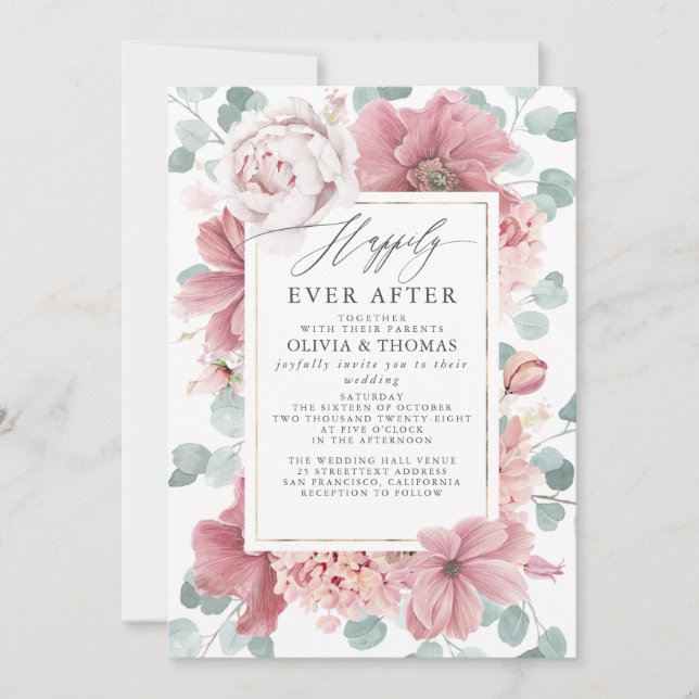 Convite Dusty Rose Flowers Happily Ever After Wedding (Frente)