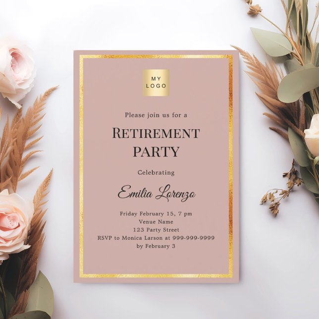 Convite Dusty rose gold retirement party business logo (Criador carregado)