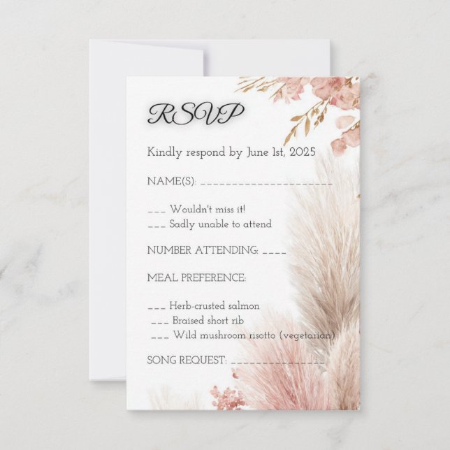 Convite Dusty rose pampas grass RSVP card invitation (Frente)