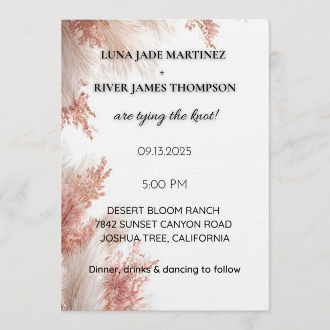 Convite Dusty Rose Pampas Grass Wedding Invitation (Frente)