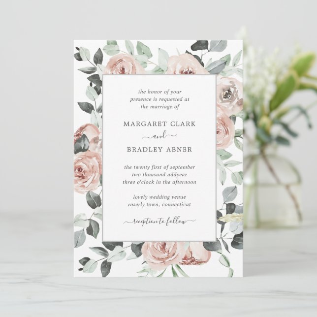 Convite Dusty Rose Pink Floral Elegant Wedding (Em pé/Frente)