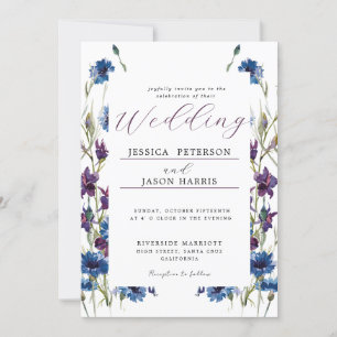 Convite Dusty Royal Blue Roxo Bloom Floral Invit