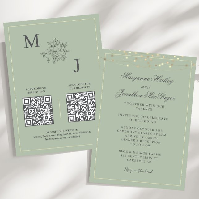 Convite Dusty Sage Elegant Código QR Casamento (Criador carregado)